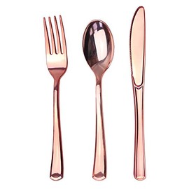 Juego de cubiertos de plástico de oro rosa, 75 piezas, reciclable, reutilizable, 25 tenedores, 25 cucharas, 25 cuchillos, ideal para bodas, aniversari