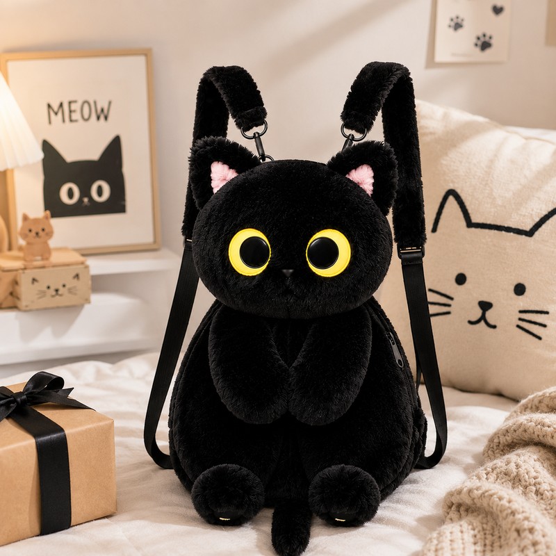 Black Cat Plush Backpack for Everyday Carry – Big-Eye Kawaii