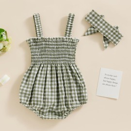 Himllauen 2 Pcs Newborn Baby Girl Summer Romper Outfits Cute Sleeveless Cherry/Carrot/Alber/Flowers/Peach Print Jumpsuit + Hair Band Bodysuit for Infant Girls (Green Check, 3-6 Months)