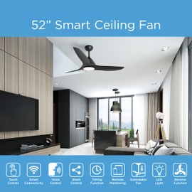 Promounts 52“ Smart Ceiling Fan with Light, Quiet DC Motor, Wifi Control via Alexa/Google, 3 Color LED Lights, High CFM 6-Speed Reversible Modern Black Ceiling Fan for Home Office Patio
