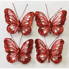 Diamante Glitter Mesh Jewelled Butterfly 3D Decorative Butterflies Wedding Home Party Event Craft Embellishment Festive Stylish Xmas Tree Christmas Decoration Curtain Clip On (4 x Red)