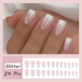 24pcs French Tip Press on Nails Short Square Pink Fake Nails with Glitter Design Glue on Nails Gradient False Nails Supplies Full Cover Glossy Acrylic Nails for Women Girl