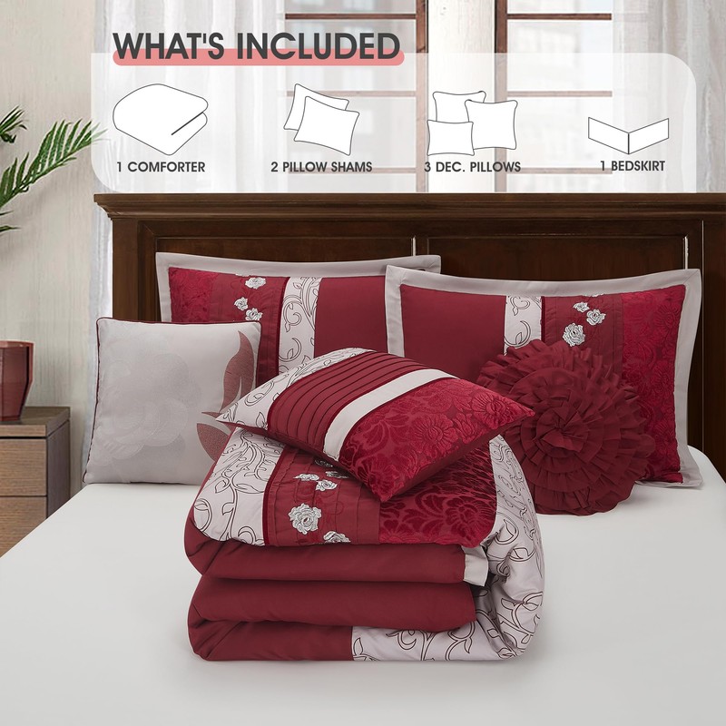 Wine Comforter Set King Size, 7 Piece Bedding Set for