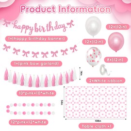 Pink Birthday Party Decorations Set, Bow Birthday Decorations Bow Glittery Happy Birthday Banner Garland Pom Pom Garland Tassel Garland Balloons and Bow Tablecloth for Bow Theme Birthday Party