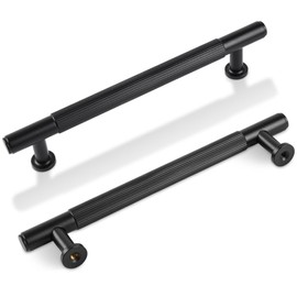 SALISENG -5 Inch Matt Black Kitchen Cabinet Handles, 5 Pack Solid Brass Drawer Dresser Pulls, Modern Cabinet Hardwares for Bathroom Bedroom Cupboard Wardrobe Closet