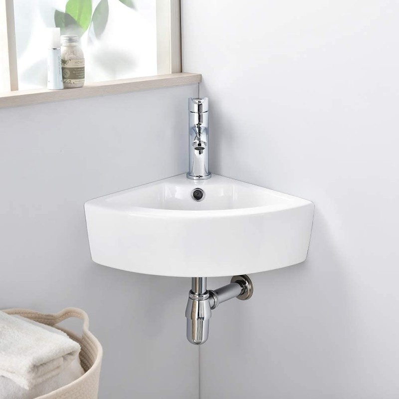 VASOYO Small Corner Bathroom Sink Wall Mount White Triangle Porcelain