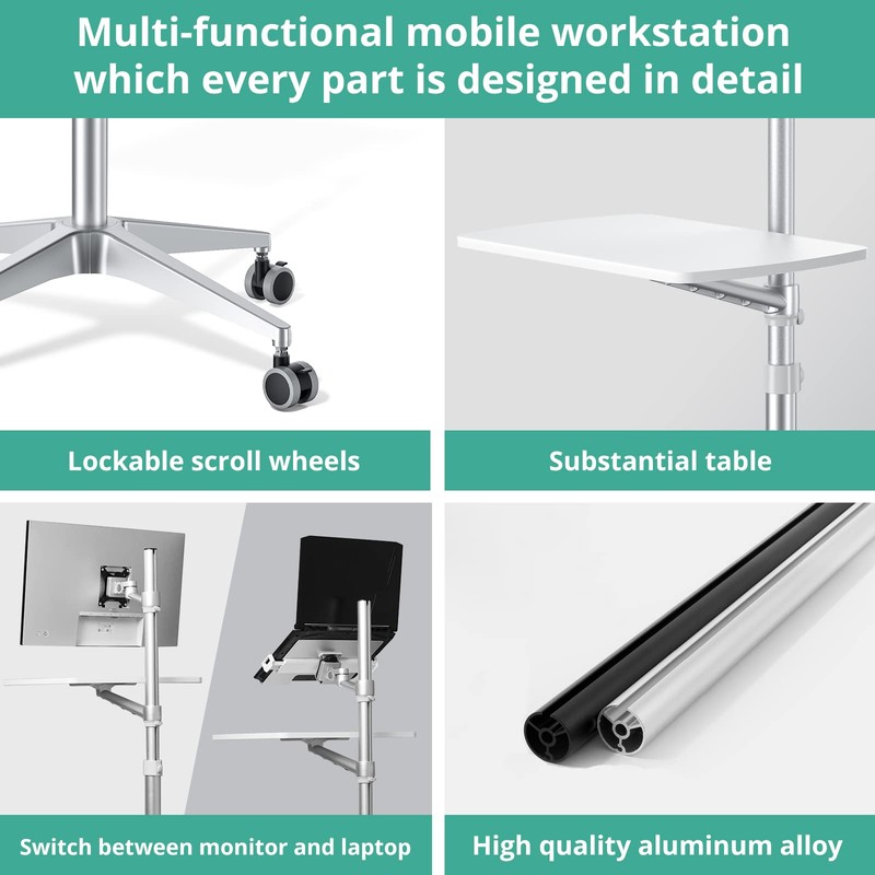 viozon Mobile Desk,Mobile Workstation,Mulitiuse Rolling Laptop Floor Stand,34"-48.6" Height Adjustable,Compatible