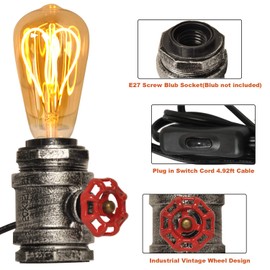 Mid Century Table lamps Silver Antique with Red Valve Metal Steampunk Light Fixture Retro edison Base for Living room Rustic Desk Decor Industrial Vintage Lighting e26