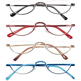 REAVEE 4 Pack Retro Designer Alloy Half Moon Reading Glasses Women Men Half Frame Spring Hinge Stylish Slim Reader with Pouch,Black,Red,Gold and Blue,4.0