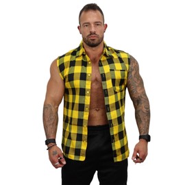 MUSCLE GYM Mens Sleeveless Shirt Casual Flannel Button Down Shirts Loose Fit S-3XL Summer Wear (Grey/Black, Medium)