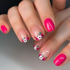 Pink Press on Nails Square Short Fake Nails Summer Nails Press ons Glossy Glue on Nails Cute False Nails with Pink White Flower Designs Nude Artificial Stick on Nails for Women 24Pcs