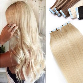 Silk-co 20" Tape in Real Human Hair Extensions #60 Platinum Blonde Skin Weft 100g 40 pcs Seamless Long Straight