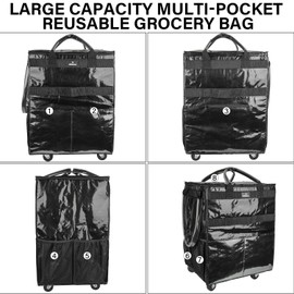 MRINCA Reusable Grocery Bag with Wheels,Foldable Shopping Rolling Tote Bag,Shopping Trolley Cart with Zippered Top,Heavy Duty Handles,Lightweight,Carries Up to 46 LBS,Large,Black