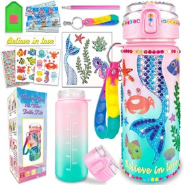 Decorate Your Own Water Bottle Kits for Girls Age 4-6-8-10, Mermaid Gem Diamond Painting Crafts, Fun Arts and Crafts Gifts Toys for Kids, DIY Birthday Gifts Thanksgiving Christmas Crafts
