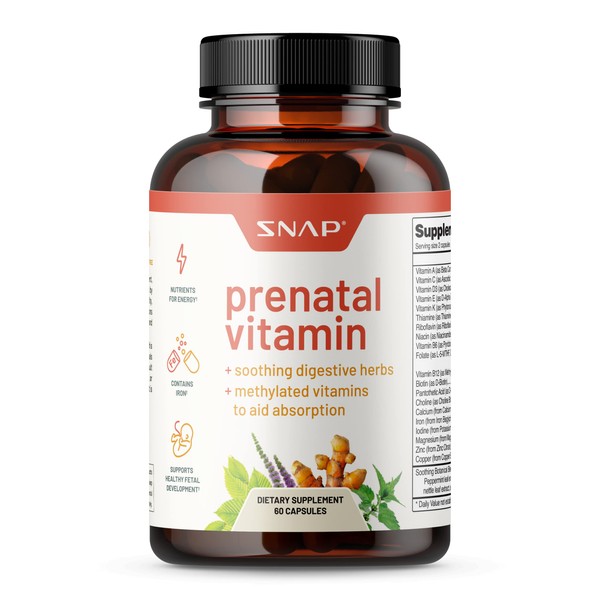 Snap Supplements Prenatal Vitamin with Iron, Vitamin B12, Folic Acid, Botanical Blend to Help Relieve Nausea in Pregnancy, Nutrients for Energy, Vegan, Organic Prenatal Vitamins for Women, 60 Count