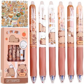 PceGan Capybara Pens, Erasable Ballpoint Pen, Pack of 6 Blue Cartoon Animal Ballpoint Pens and 50 Stickers, Erasable Rollerball Pen Students Gift School Office Supplies School Supplies