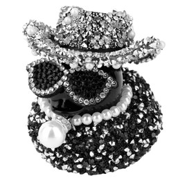 Fukaisu Diamond Rubber Duck, Funny Tiny Duck Mini Car Ornament with Small Glasses & Miniature Pearl Necklace & Hat Dashboard Decoration for Cool Office Car Accessory (Black)