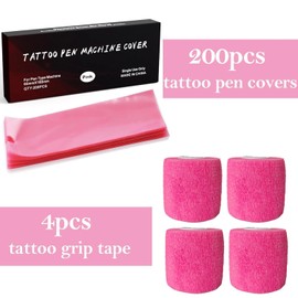 Grip Tape Tattoo and Tattoo Pen Bags Pink Accessory Set, Rayyl 4 Rolls Tattoo Grip Bandage (5 cm x 4.5 m) and 200 Pieces Tattoo Disposable Pen Cover Pink (6.5 x 18 cm) for Tattoo Artists