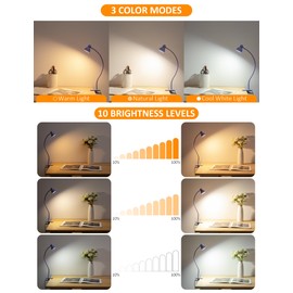 LiFMIRA Clip on Lamp USB Reading Light, 3 Color Modes, 10 Brightness Dimmable, Flexible Gooseneck Desk Lamp with Clamp, Eye Care Clip on Light for Bed Headboard Desk Home Dorm