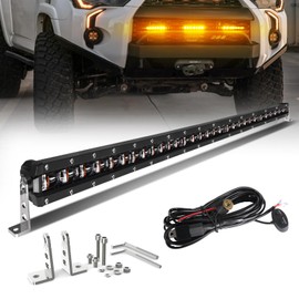 BraveWAY 32 inch LED Light Bar Slim Spot Flood Combo Beam Single Row White Driving Light White & Amber Strobe Flashing Light with 12V Wiring Harness for Off-Road Truck Car SUV