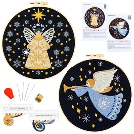 Christmas Embroidery Kits for Beginners Adults, Christmas Angel Stamped Cross Stitch Kits for Beginners Adults, Christian Hand Embroidery Needlepoint Kits, 2 Embroidery Hoop (Attached Video Tutorial)