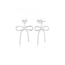 Bow Earrings Silver with Pearl for Women, Earrings Silver 925 Hanging Pearls Waterproof Hypoallergenic Earrings Silver 925 Stud Earrings with Bow Knot for Girls Stud Earrings, Sterling Silver,