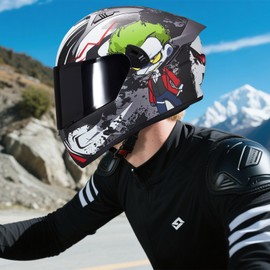 VCOROS Full Face Dual Visor Motorcycle Helmet for Adults Motorbike Street Bike Racing Helmets X9 DOT Approved with Black Visor (X9 Alien, Large)