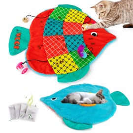 Cat Mat, Cute Soft Catnip Mat, Cat Activity Mat Machine Washable Cat Blanket for Small Medium Large Cats with 7 Pockets, Crinkle Paper Self-Warming Kitty Carpet Interactive Catnip Toys (New Version)