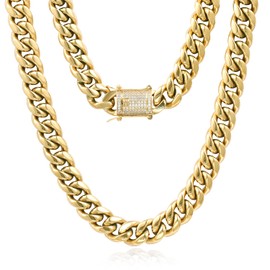 GOLD IDEA JEWELRY 14k Gold Plated Stainless Steel Thick Miami Cuban Link Chain with Lab Diamond Clasp Men's Hip Hop Necklace or Bracelet (14k-Gold-Plated(10mm Wide), 28)