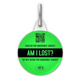 "Am I Lost?" Emergency Contact Lost Child ID Clip Tag For Kids & Vulnerable Adults - NFC RFID - Emergency Contact Card Keyring Pin Button Badge Sign - Scan QR Code - Custom Customised - Neon Green