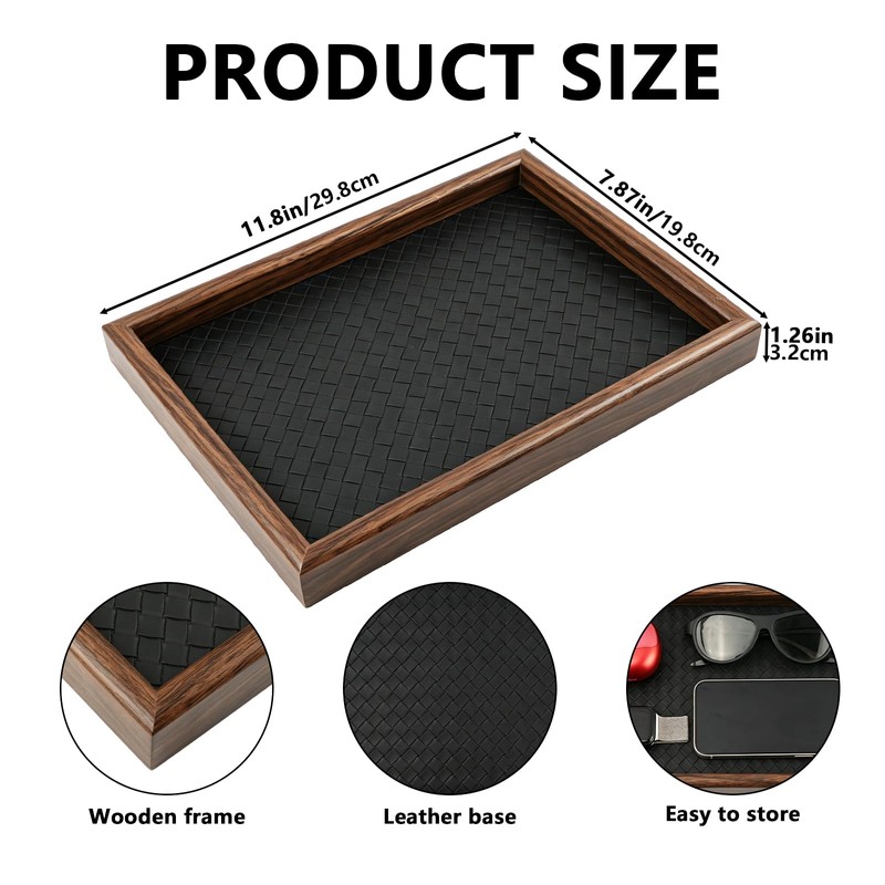 Wooden Valet Tray, 12X8 Inch Desk Organizer with Leather Base,