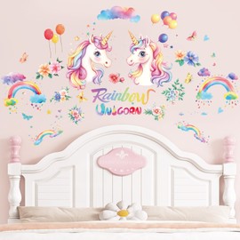 SHUCHING Rainbow Unicorn Wall Sticker Peel and Stick, Colorful Flowers Balloons Cloud Wall Decal for Girls, Removable Vinyl Wall Decor Art Home Decoration for Living Room Bedroom Nursery Playroom