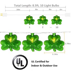 Shamrock String Lights with 10 3D Green Clover 8.5Ft String Lights Waterproof St Patricks Day, UL Listed for Party Bar Home Garden Decor, Indoor & Outdoor Use