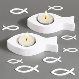 BOFUNX 2er Set Teelichthalter Fisch aus Holz für Kerzen mit Durchmesser 4cm Weiß Fische Kerzenhalter mit 30pcs Holzfische Streudeko für Mädchen Junge Taufe Kommunion Konfirmation Tischdeko