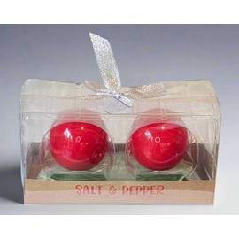 Christmas Holly Berry Salt and Pepper Shaker Set, Red Ceramic Berry Shakers, 5.5" x 2.5", with Green Leaf Tray