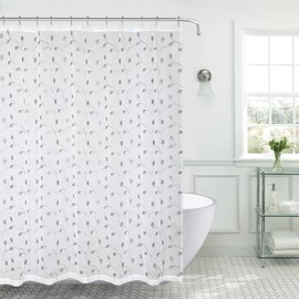 Decorative Sheer Fabric Shower Curtain for Bathroom: White Silver Embroidered Botanical Design Metallic Silver Threading (Rosalee)