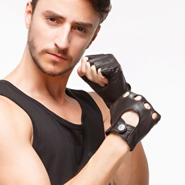 Nappaglo Riding Gloves Men's Leather Italian Lambskin Half Finger Fingerless Unlined Motorcycle Cycling Gloves -