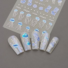 NOODCO 5D Summer Nail Art Stickers Decals, Marble Wave Shell Nail Stickers Ocean Starfish Jellyfish Sea Wave Nail Design Self-Adhesive Nail Art Supplies DIY Acrylic Nail Decorations for Women