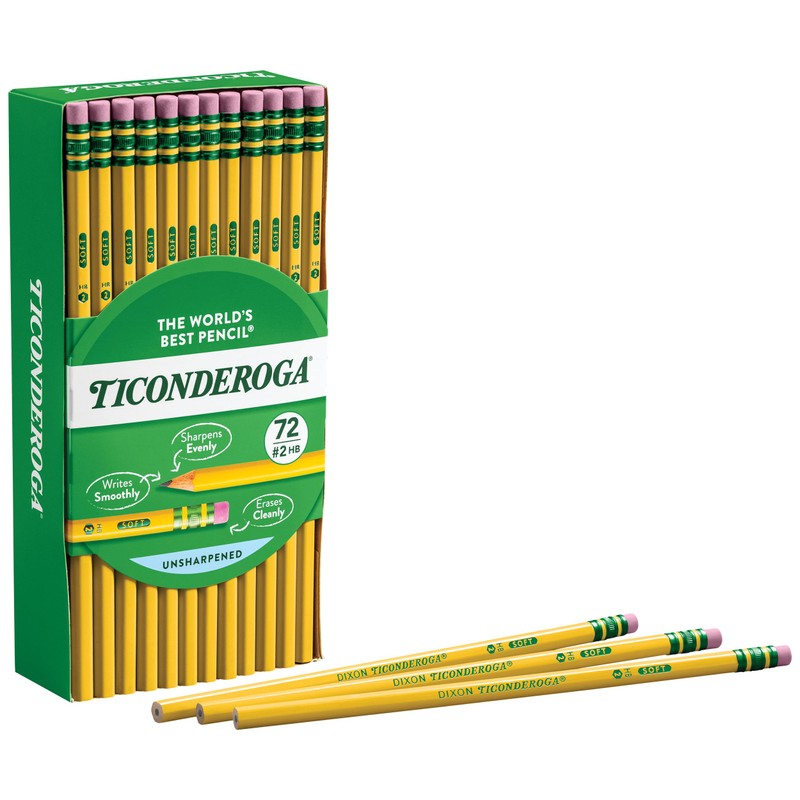 Ticonderoga Wood-Cased Pencils, Unsharpened, 2 HB Soft, Yellow, 72 Count