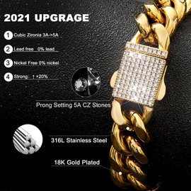 Granny Chic Cuban Link Chain Necklace or Bracelet with Bling Bling Cubic Zirconia Iced-Out Clasp for Men 14mm 18K Gold Stainless Steel Hip Hop Miami Curb Chains(14mm, 16")