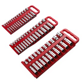 Reniteco Magnetic Socket Organizer Set, 3 Pcs Red Portable Heavy Duty Socket Rail - Set: 1/4-Inch x 22 Pallets, 3/8-Inch x 28 Pallets, 1/2-Inch x 26 Pallets, Hold 76 Sockets - Fit Shallow&Deep Sockets