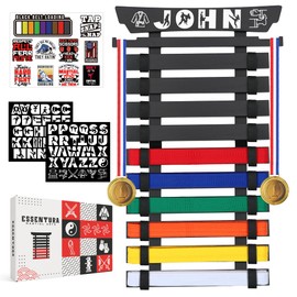 ESSENTURA 10 Belt Karate Belt Display Rack, Bamboo, Themed Stickers, Medal Hangers - Taekwondo Belt Display, Jiu Jitsu, BJJ, Martial Arts