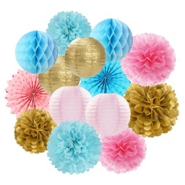 Pink Blue Gold Party-Decorations Streamers Lanterns - 14pcs Gender Reveal Boy or Girl Birthday Paper Lanterns Fan,Tissue Pom Poms Streamer, Honeycomb Balls Decor Ouruola