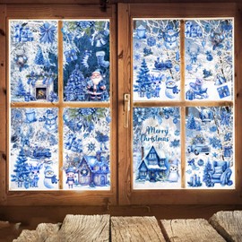 Kreatwow Blue Christmas Window Clings 6pcs Christmas Window Decorations Christmas Window Stickers Snowmen Ginger Bread Christmas Tree Xmas Sticker for Winter New Year Holiday Family Gathering