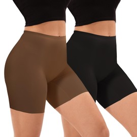 INNERSY Women's Seamless Slip Shorts for Under Dresses Anti Chafing Cooling Boy Shorts 2-Pack(Black/Brown,Large)