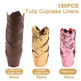 HICOHAND Tulip Cupcake Liners, 150PCS Muffin Liners Disposable Baking Cups for Party Birthday Greaseproof Muffin Cup in Gold Brown Gold Rose Gold