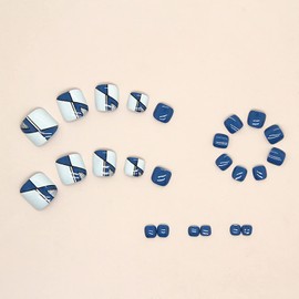 Press on Toenails with Line Designs, Square Full Cover Glossy Reusable False Toe Nails with Glue, Coffin Artificial Acrylic Blue Fake Nails Glue on Toenails Short, Stick on Toe Nails for Women