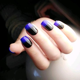 SIUSIO 24Pcs Fake Nails Black Full Cover Short Gradient Jewelry Blue Top Coat False Nail Covered Gel Art Tips Sets for Women and Girls