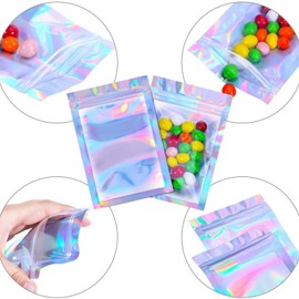 100Pcs Foil Ziplock Bags, Holographic Colour Mylar Bags Double-Sided Metallic Foil Flat Ziplock Smell Proof Storage Bags for Food Storage, Sweet, Spice Sample,Jewellery Making(7x12.5cm)