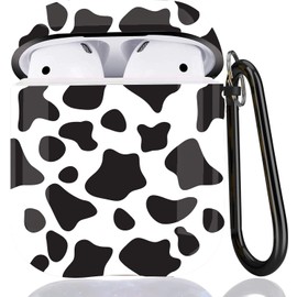 Animal Print Protective Hard Case Cover Compatible with AirPods 2/1 Generation Skin Portable & Shockproof Women Girls Men with Keychain - Cow